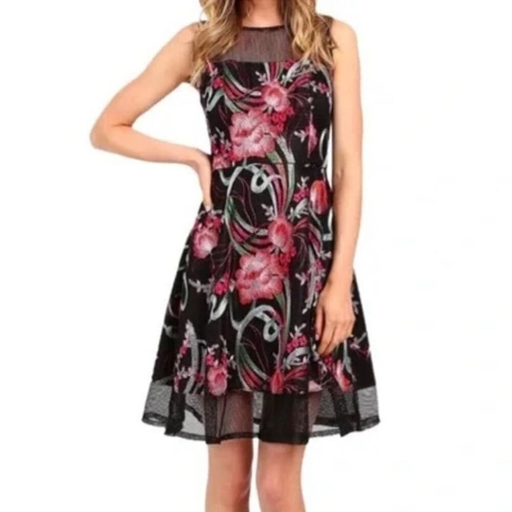 Aidan Mattox Black Floral Embroidered Net Sheer Fit & Flare‎ Dress 0